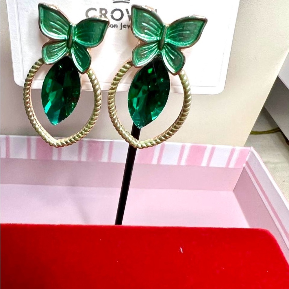 Emerald Green Butterfly Hoop Earrings